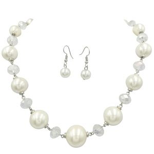 Chunky White Pearl & Clear Glass Simple Strand Necklace Earrings Set